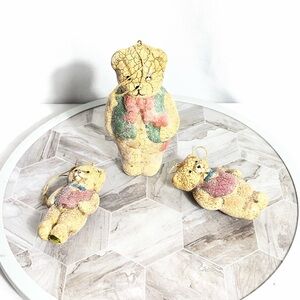 Vintage Crackle Teddy Bear Figurines Set of 3 Rustic Christmas Decor